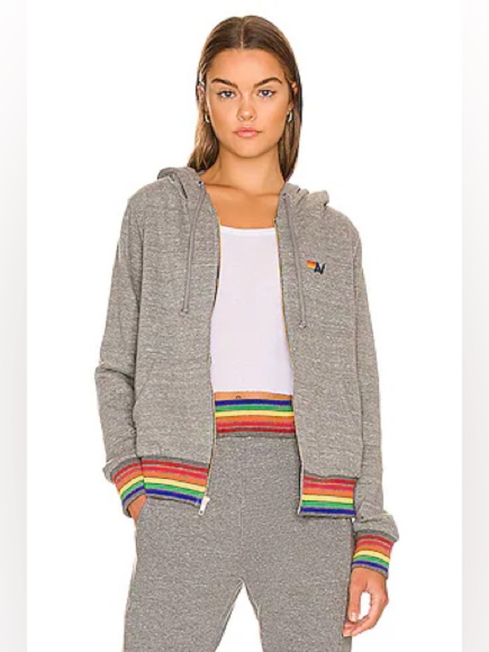 Aviator Nation Rainbow Rib Zip Hoodie Heather Grey size XXL